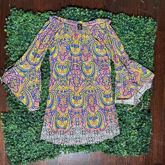 Gorgeous Boho Multicolor Off the Shoulder Mini Dress Small - Picture 1 of 7